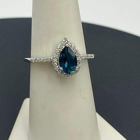 FAS Teardrop Pear Shaped London BlueTopaz Halo CZ sterling Silver Ring sz 7.5 - Picture 1 of 10